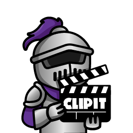 Duke holding a movie clapboard that reads "Clip It"